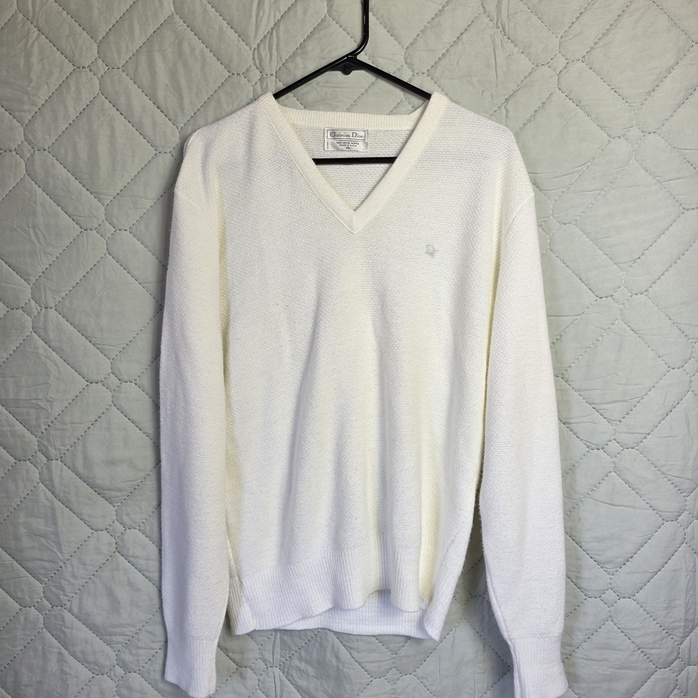 Vintage Christian Dior Orlon Acrylic V-Neck Sweater Men's Sz XL White